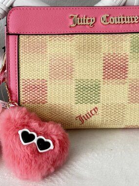Juicy Couture Pink Gingham Straw Wristlet Clutch Bag Fur Heart Charm NWT